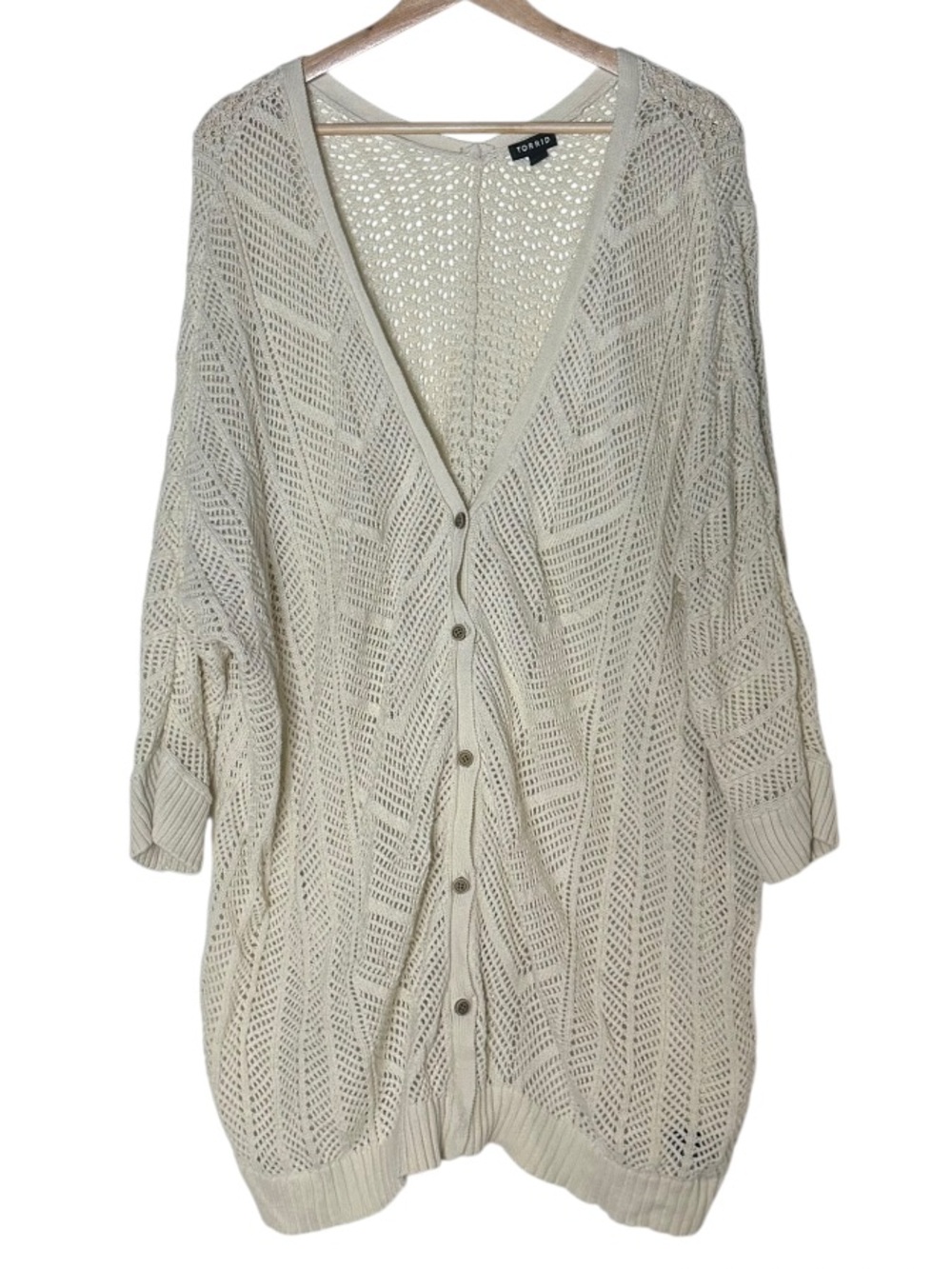 Torrid Chevron Pointelle V Neck Open Knit Beige Cardigan Size 4X Coastal Boho